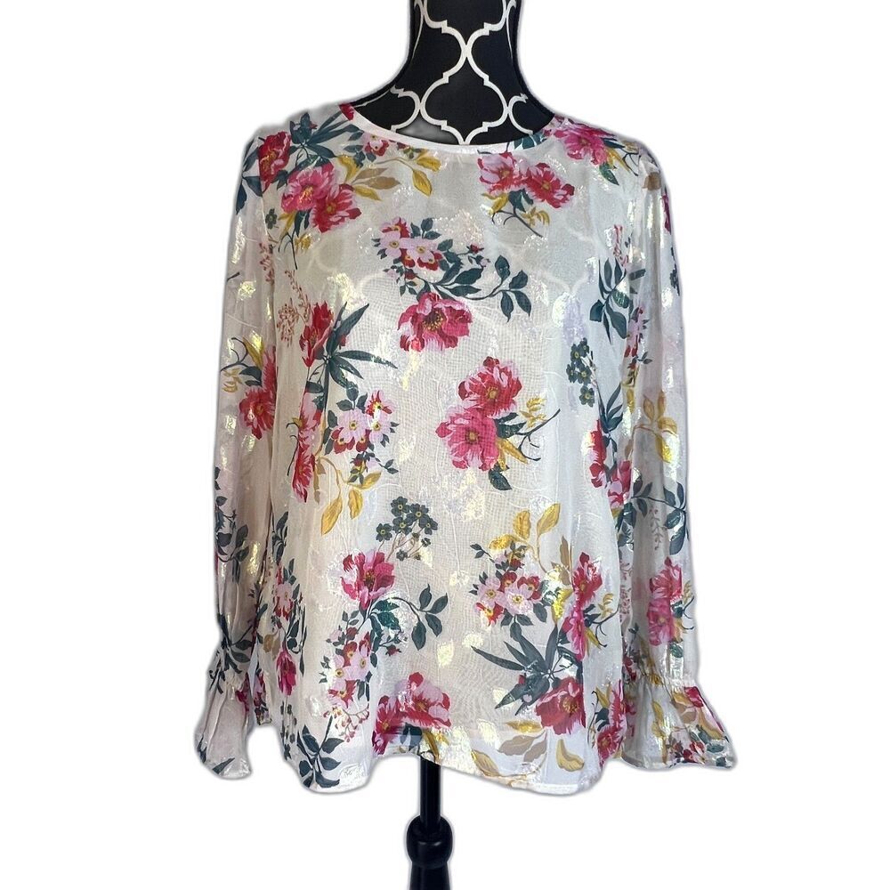 Ann Taylor Loft Cream Shimmery Floral Print Semi Sheer Blouse‎ Size Medium